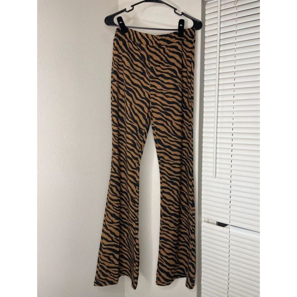 IRIS Zebra Print Brown Black Flare Pants Size Large Y2K Animal Print